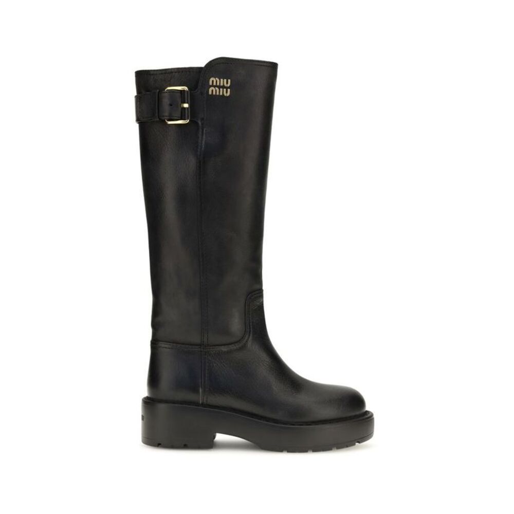 Miu Miu Black Calf Leather Bos Taurus Flat Women's Boots